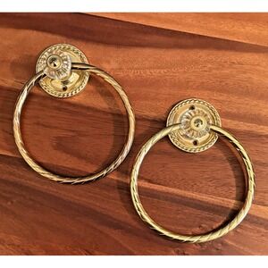 Vintage Brass Towel Rings Pair Rope Trim Glass Knob Portugal Antique Style
